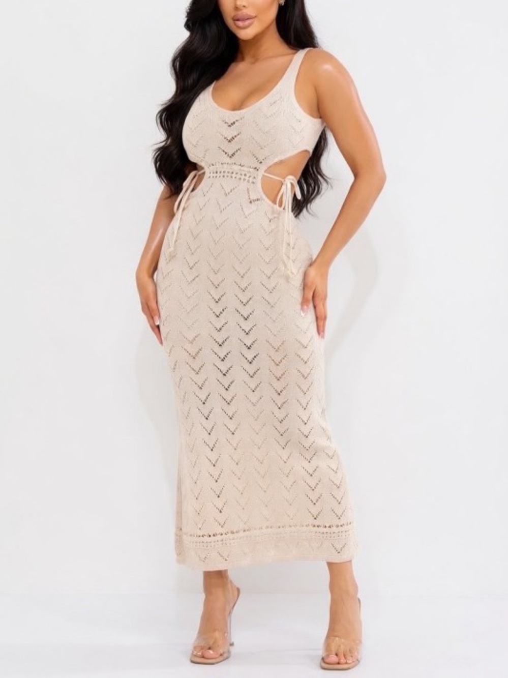 Crochet Knit Cut Out Side-Tie Maxi Dress